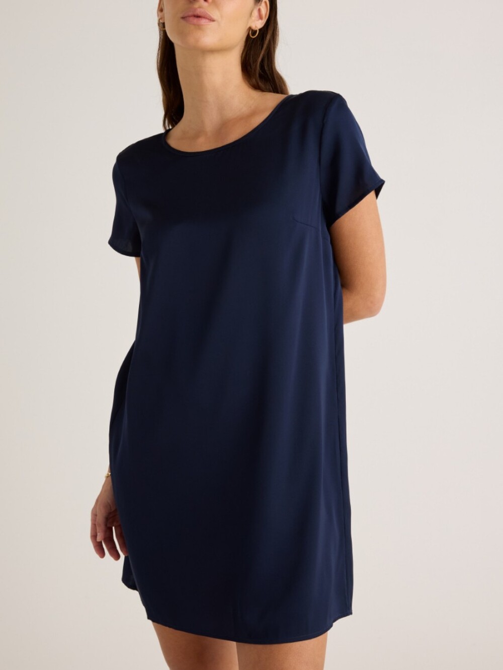 Quince Washable Stretch Silk Tee Dress Size Medium Blue Quiet Luxury NWOT
